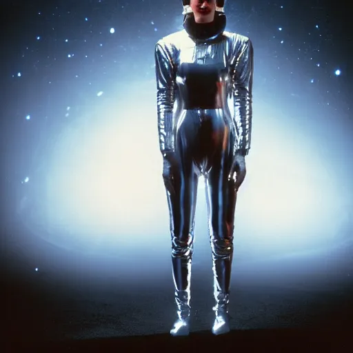 Prompt: 1 9 8 0 s sci - fi portrait photo, a woman wearing a dramatic silver foil and rubber hose spacesuit costume standing on a dark and mysterious alien planet, atmospheric fog, light beams, 4 k