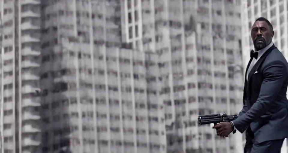 Prompt: idris elba as james bond, cinematic action scene, struggling to not fall off a building, straining, tuxedo, color corrected, promotional movie shot