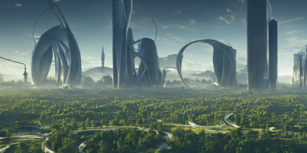 Prompt: a low angle view of a solarpunk city, meadows and rivers, futuristic architecture, hyperrealism, octopath traveler, octane render, misty, highly rendered, global illumination, radiant light, cinematic, by vincent callebaut and zaha hadid and zack snyder, 8 k