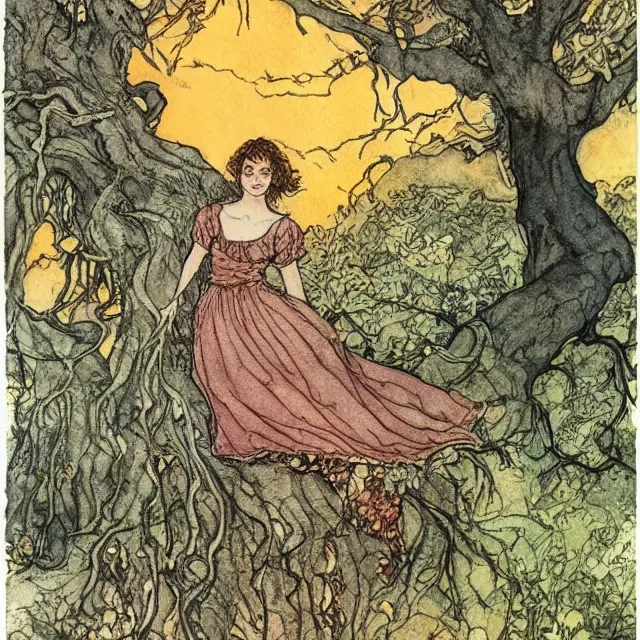 Prompt: a detailed, intricate watercolor and ink portrait illustration with fine lines, of a young alicia vikander in a dress climbing a gnarled tree in a pumpkin patch, by arthur rackham and edmund dulac