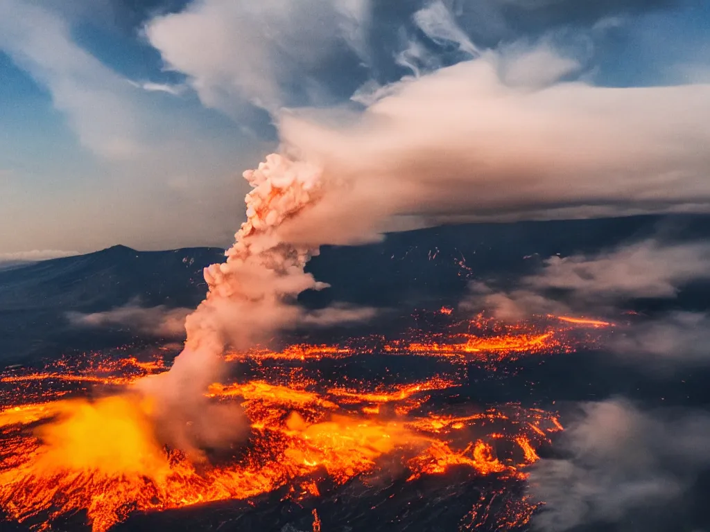 Prompt: an aerial view of an erupting volcano, sunset, no clouds, snowy mountain, lava everywhere, near big city,, thunders in the black smoke, dramatic filter