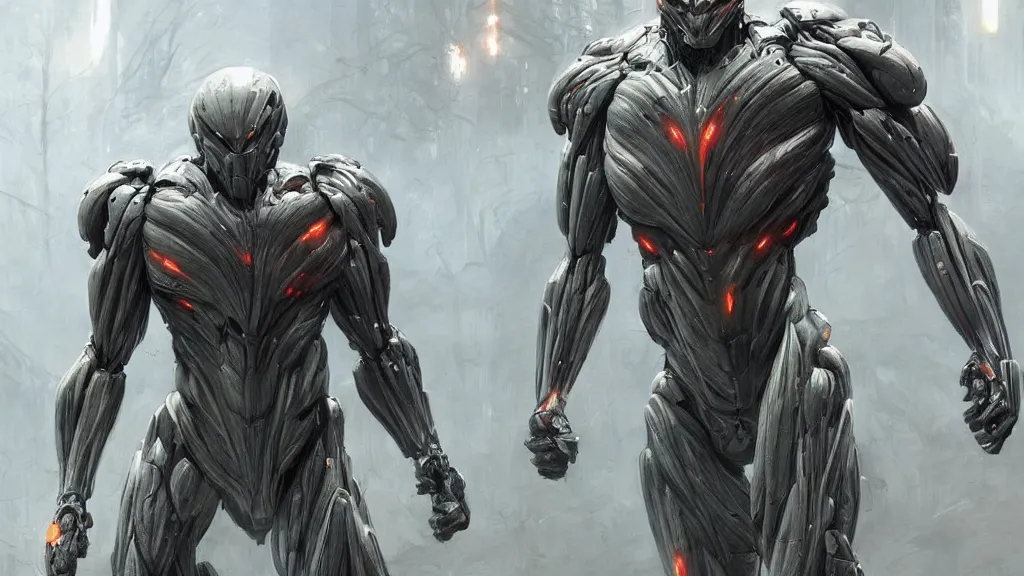 Prompt: crysis nanosuit with powerful biological muscle augmentation, megastructures, remnants of the human civilization at dusk, painted by tsutomu nihei, painted by artgerm and greg rutkowski