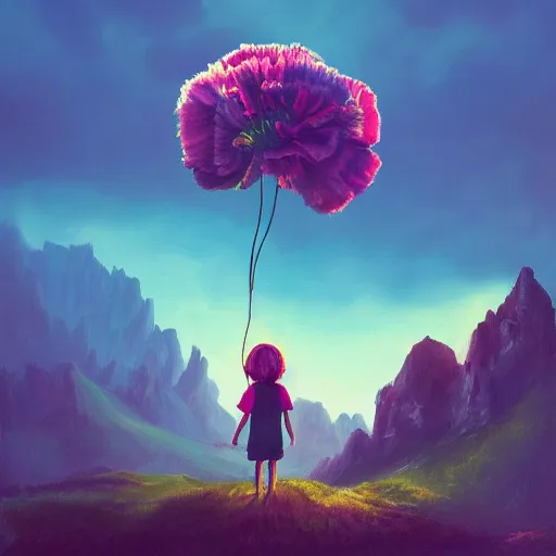 Prompt: giant carnation flower as a head, girl hiking in the dolomites, surreal photography, sunrise, dramatic light, impressionist painting, colorful clouds, digital painting, artstation, simon stalenhag