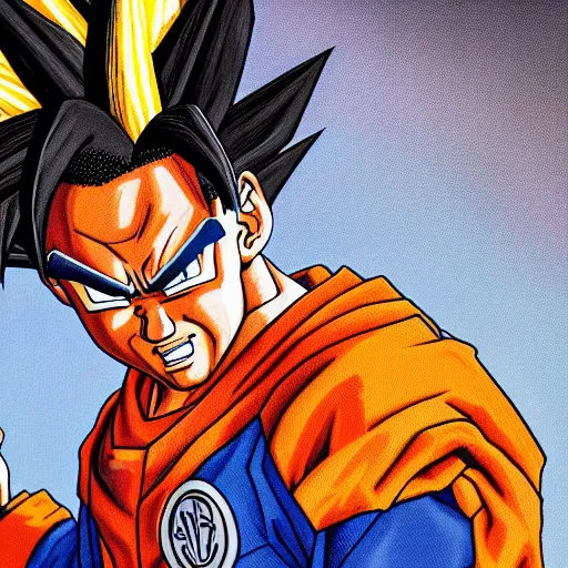 Image similar to ultra realistic portrait painting of barak obama as super saiyan 3 goku, art by akira toriyama, 4 k, dragon ball artstyle, cel shaded, highly detailed, epic lighting