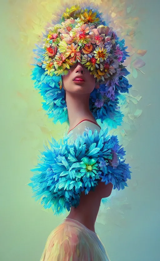 Image similar to a beautiful oil painting hyperrealism of a beautiful woman, flowers, floral headdress, 8 k resolution, octane render, trending on artstation, by gediminas pranckevicius, volumetric light 2 blue fractal thunder glow by dan mumford, anaglyph effect, laurie lipton