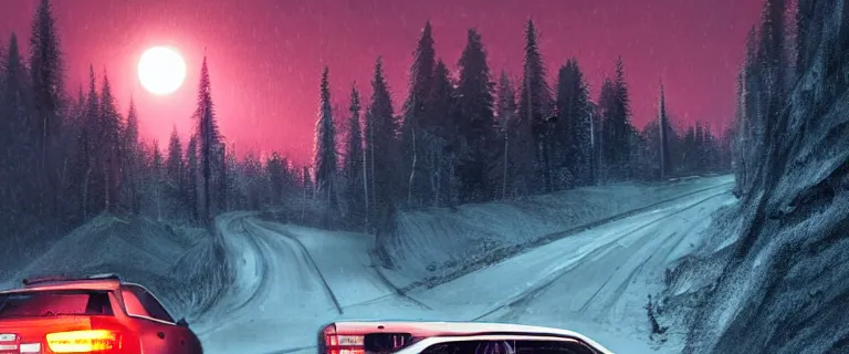 Prompt: Audi A4 B6 Avant (2002), a gritty neo-noir, dramatic bright lighting, cinematic, establishing shot, extremely high detail, photorealistic, cinematic lighting, artstation, by simon stalenhag, Snowy japanese mountain road, Palmont City canyons, At night