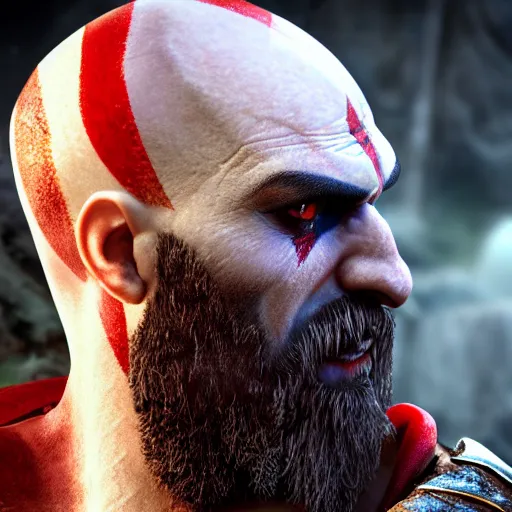 Prompt: close up side view of kratos from god of war staring at a hamburger