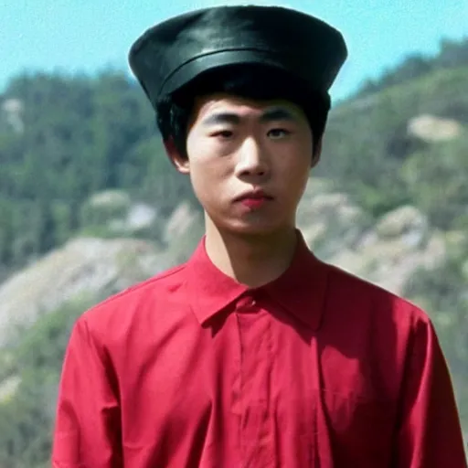 Prompt: a film still of a asian young man wearing a red blouse with a black oval hat in Twin Peaks(1990)