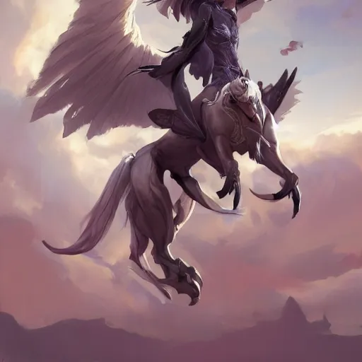 Prompt: Art station concept of a beautiful girl riding a gryphon, symmetrical face, smooth body features, by Stanley Artgerm Lau, WLOP, Rossdraws, James Jean, Andrei Riabovitchev, Marc Simonetti, and Sakimichan, trending on artstation