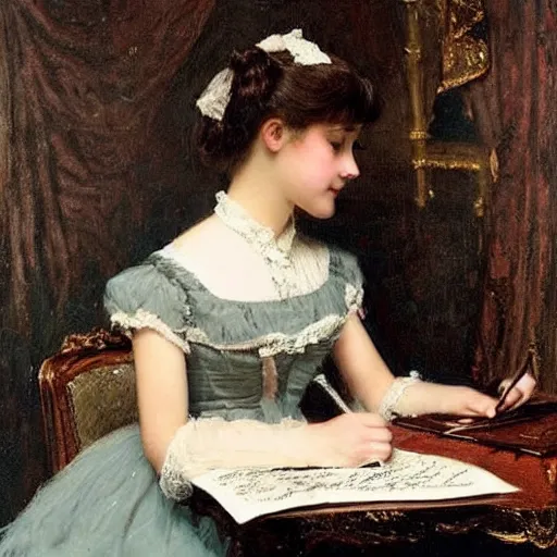 Image similar to victorian girl in ball gown writing a letter, painting by alfred stevens