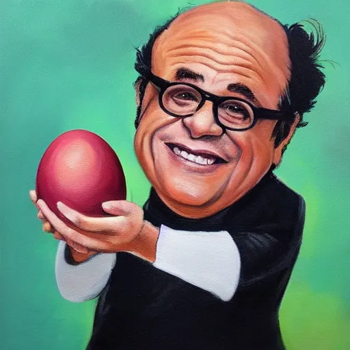 Image similar to a painting of danny devito holding an egg