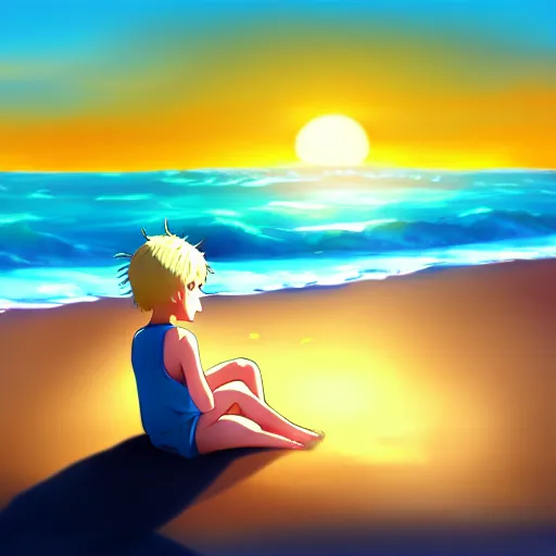 Image similar to beautiful, detailed digital painting of a blond-haired child making sandcastles on the beach and looking at the sunset, anime by Makoto Shinkai, sand, waves, trending on artstation