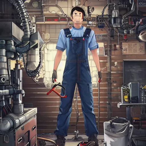 Image similar to Full body portrait of a mechanic in overalls repairing a mech, cyberpunk, illustration, detailed face, detailed background, Ilya Kuvshinov, Hayao Miyazaki, Takashi Takeuchi, Masamune Shirow