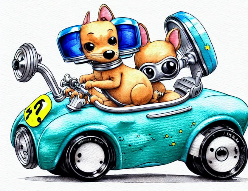 Image similar to cute and funny, puppy wearing a helmet riding in a tiny hot rod with an oversized engine, ratfink style by ed roth, centered award winning watercolor pen illustration, isometric illustration by chihiro iwasaki, edited by range murata, tiny details by artgerm and watercolor girl, symmetrically isometrically centered, sharply focused