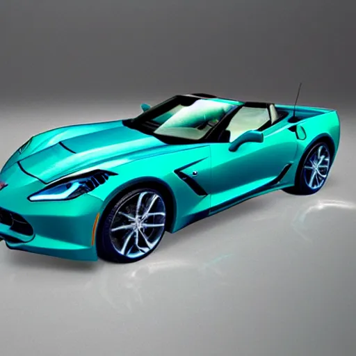 Prompt: a small dark luminous turquoise color liquid water sculpture is hybrid of a corvette convertible, a corvette made out of luminous turquoise color liquid water, viscous, reflective, monochromatic, digital art