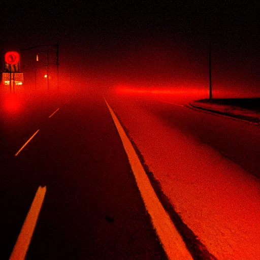 Image similar to A stunningly beautiful award-winning 8K high angle cinematic movie photograph of a foggy intersection in an abandoned 1950s small town at night, by Edward Hopper and David Fincher, cinematic lighting, perfect composition, moody low key volumetric light.