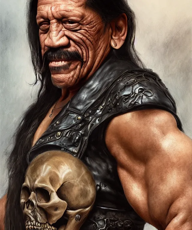 Image similar to danny trejo, cinematic, wearing a leather vest, holding a skull elegant, highly detailed, digital painting, artstation, smooth, hard focus, illustration, art by jessica rossier and and brian froud