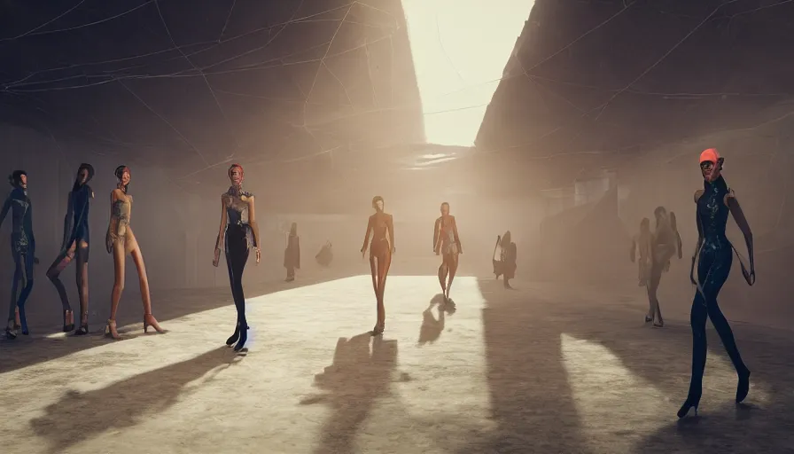 Image similar to Fashion Catwalk rendering in a futuristic favela, Hazy Atmosphere, Cinematic Lighting, Wallpaper, Octane, Redshift, 4k