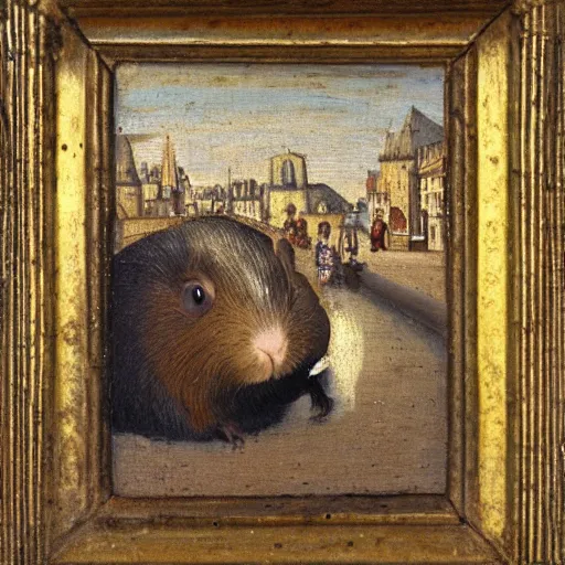 Prompt: a guinea pig on a street in paris, 5 th century oil painting