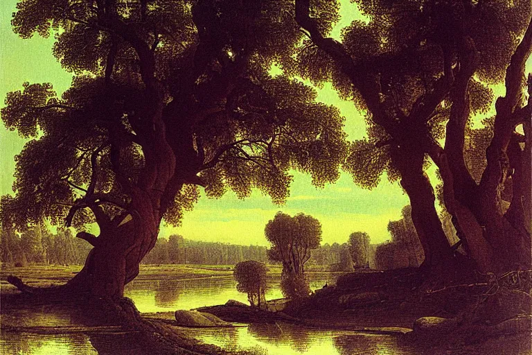 Image similar to painting of a old tree next to a meandering river by alexei savrasov