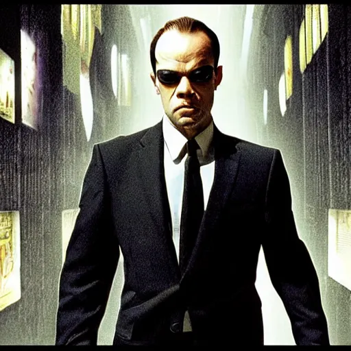 Prompt: agent smith lost inside the matrix ( 1 9 9 9 ), hyper realistic, futuristic setting, photo realistic, intricate detail