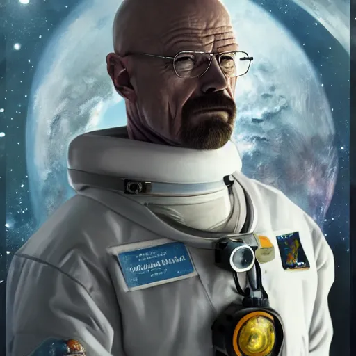 Image similar to walter white in a astronaut suit, intricate, highly detailed, digital painting, artstation, concept art, smooth, sharp focus, illustration, unreal engine 5, 8 k, art by artgerm and greg rutkowski and alphonse mucha