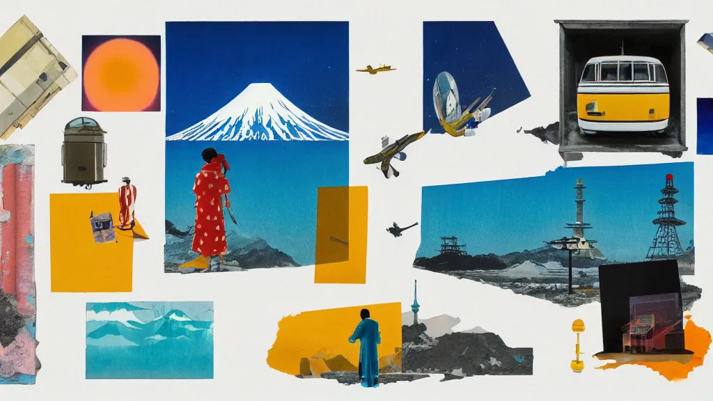 Image similar to an arrangement of traveller explorer props, japan, a collage painting, in the style of wes anderson, lola dupre, david hockney, isolated on negative white space background dark monochrome neon spraypaint accents volumetric octane render