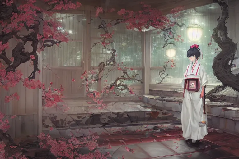 Prompt: hyperrealistic photography of a japanese shrine maid in the style of touhou inside a japanese religious temple, james jean and wlop, highly detailed, sharp focus, intricate concept art, digital painting, ambient lighting artstation, 8k