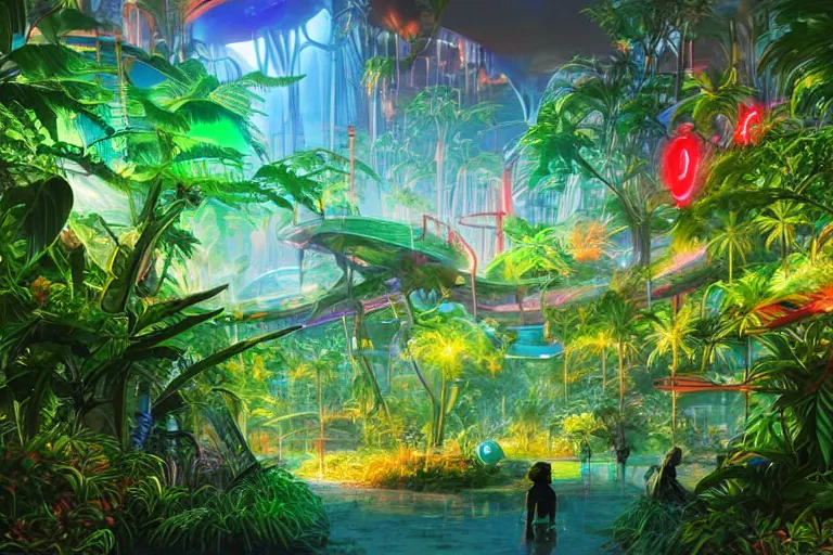 Image similar to retro futuristic jungle, DNA bio experiment, colourful futuristic landcape, neon bright lights, sci-fi concept art, by Studio Ghibli and Syd Mead, highly detailed vegetation, airbrush,