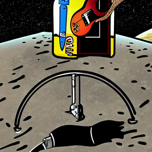 Image similar to an electric guitar headstock and a beer can on the moon. detailed. cartoon