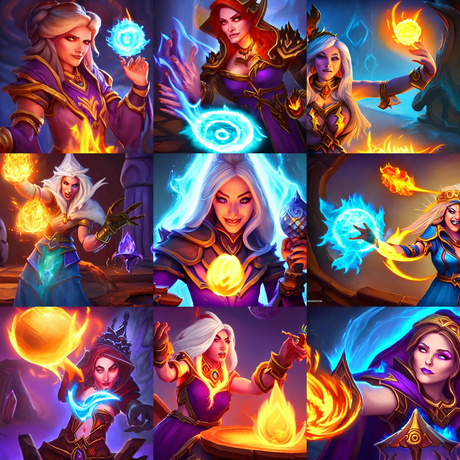 Prompt: a sorceress casting a fire ball, Hearthstone official splash art