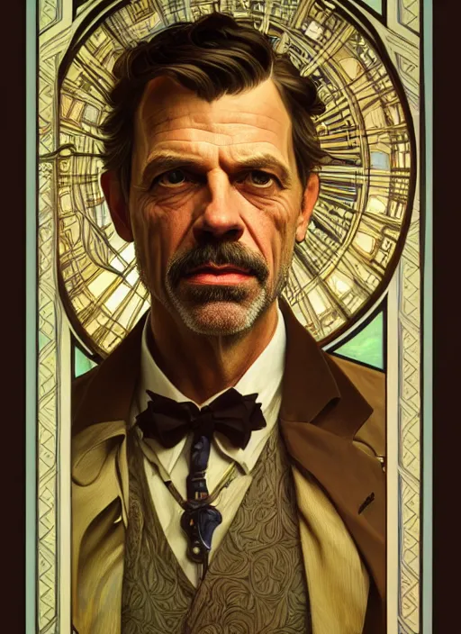 Image similar to oil portrait of doctor house, intricate, elegant, highly detailed, lighting, painting, artstation, smooth, illustration, art by greg rutowski and alphonse mucha