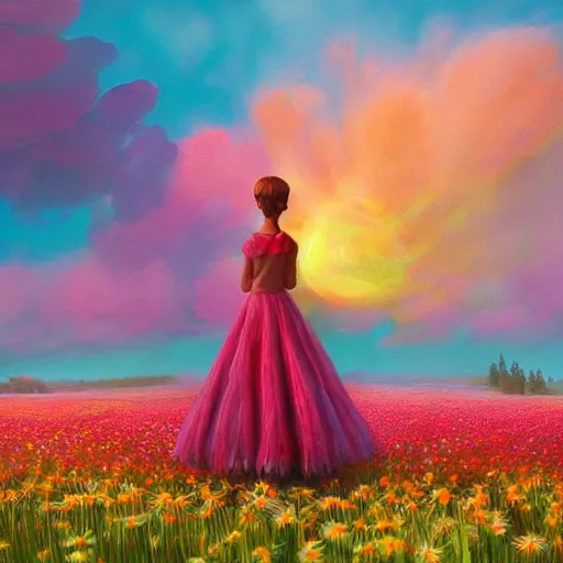 Prompt: giant daisy flower in head, full body girl standing in a flower field, surreal photography, sunrise, dramatic light, impressionist painting, colorful clouds, digital painting, artstation, simon stalenhag