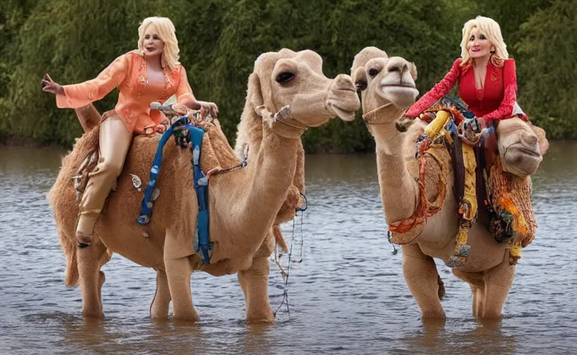 Image similar to Dolly Parton and scooby doo riding camels in Slough. walking on water, photorealistic