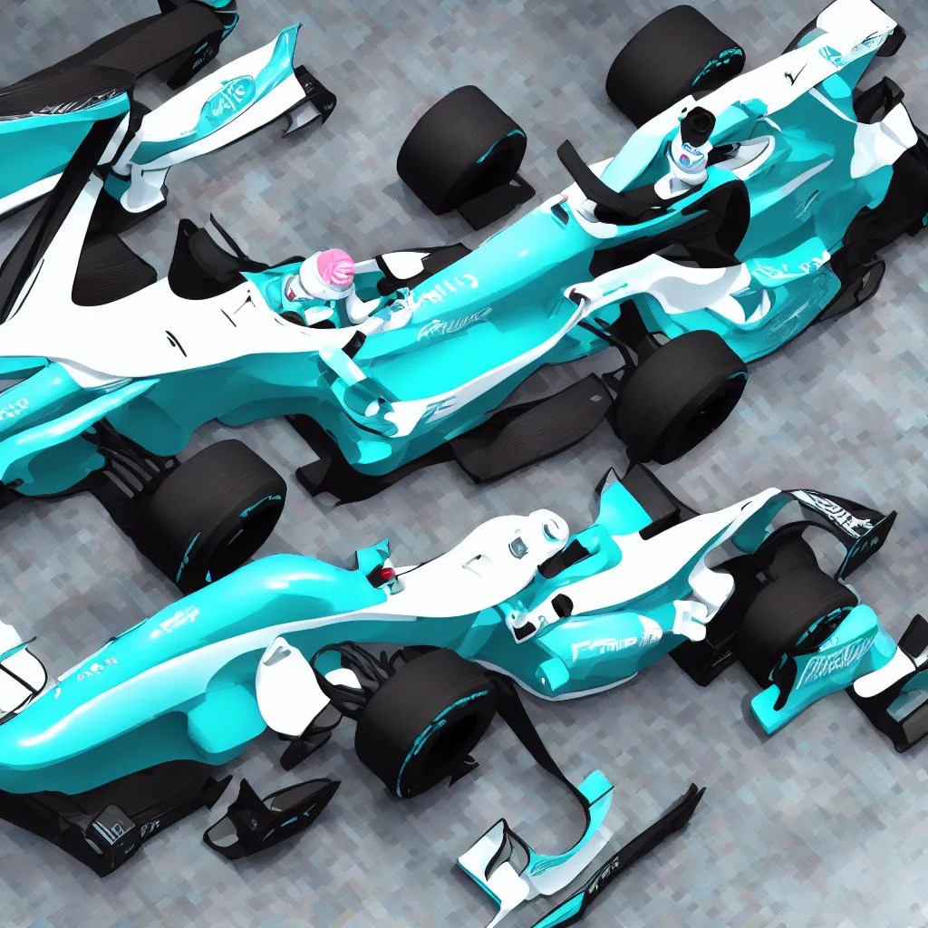 Image similar to hatsune miku driving an f 1 racecar photorealistic high resolution