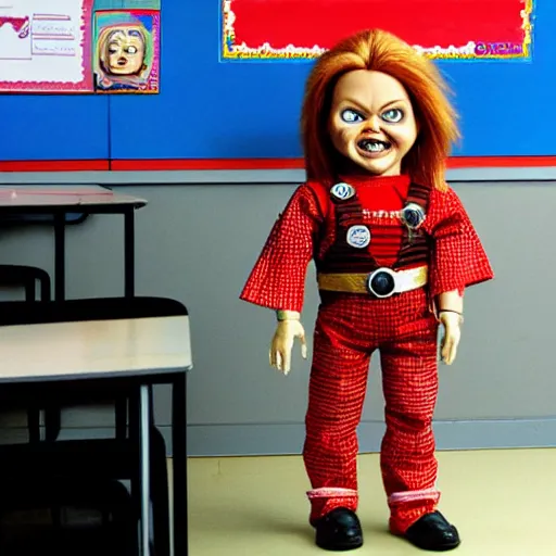 Prompt: chucky the killer doll standing in a classroom