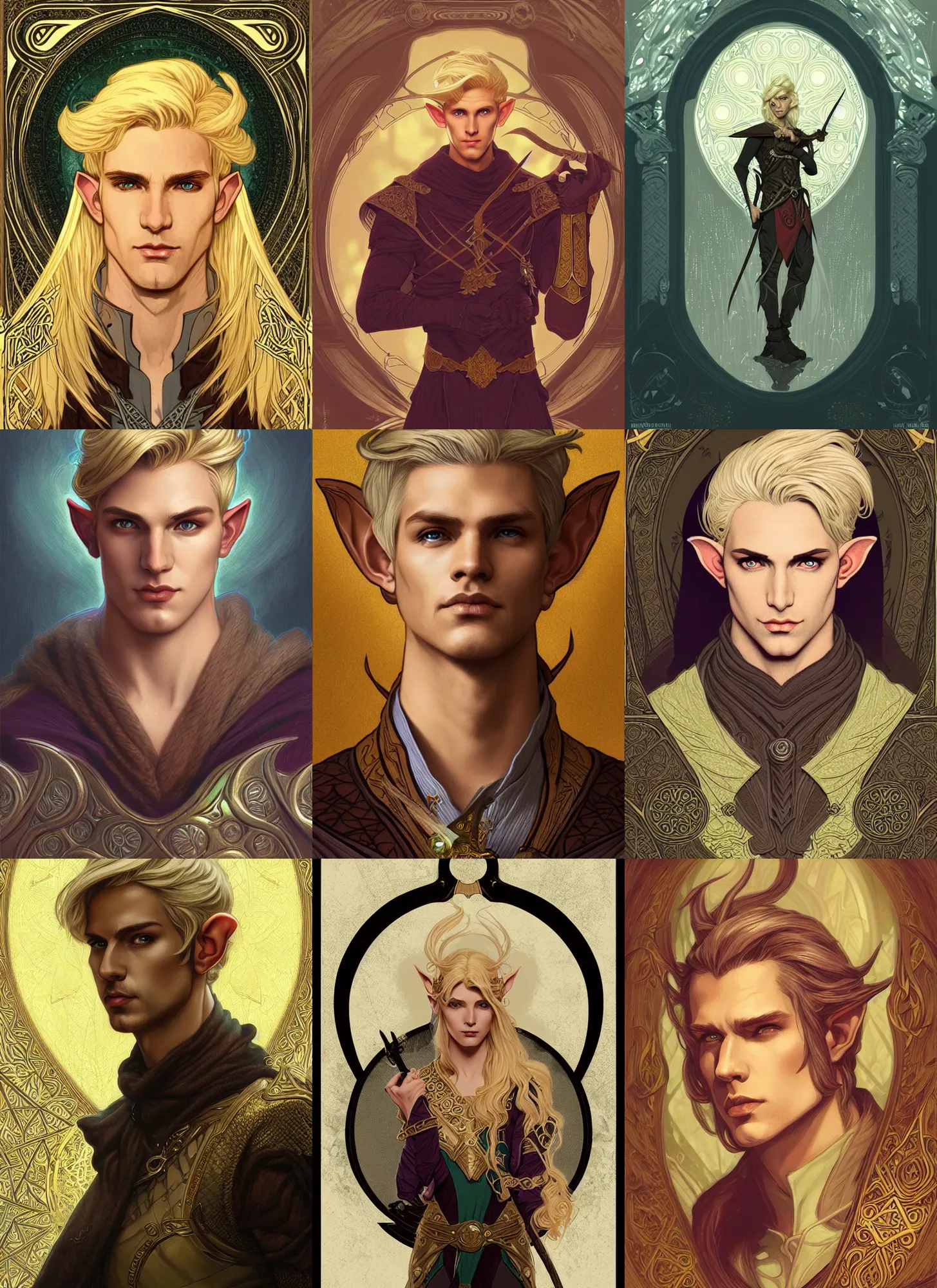 Prompt: centered portrait, male D&D Elf Ranger, blonde hair, Art Nouveau, tarot card background, retro Fantasy hero 1985, intricate, elegant, highly detailed, centered, digital painting, trending on artstation, concept art, smooth, sharp focus, illustration, art by raphael lacoste, eddie mendoza, Mucha, alex ross, WLOP