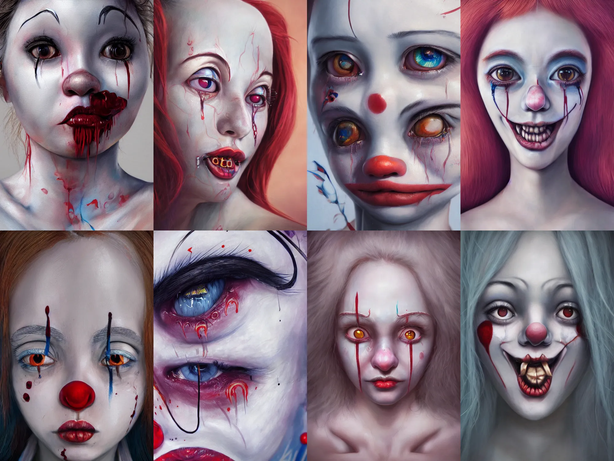 Image similar to detailed painting of clown girl crying, piercing eyes, james jean, miho hirano, hyperrealistic, octane render, ambient light, dynamic lighting