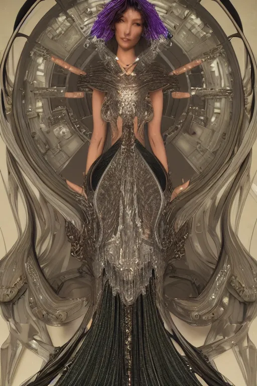 Image similar to a highly detailed 4 k render portrait of a tall beautiful alien goddess bella hadid in iris van herpen dress schiaparelli armor in diamonds and lots of jewelry in style of alphonse mucha trending on artstation made in unreal engine 4