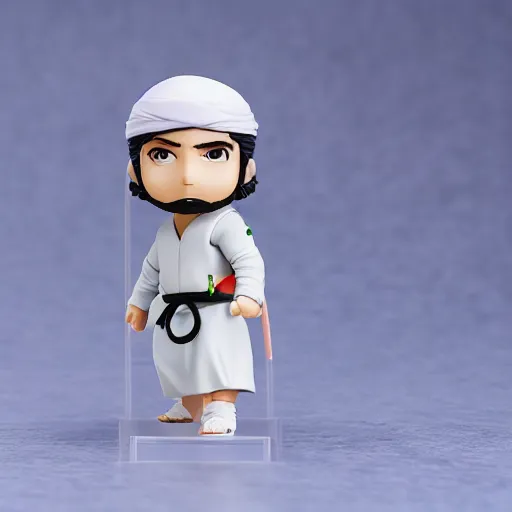 Image similar to side view of an arabic ninja boy as nendoroid in arabic clothes, side view, 8 k hd dof, kodak film,