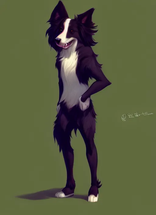 Image similar to wide angle beautiful full body portrait of a cute male anthropomorphic anthro border collie fursona posing in front of a park, character design by charlie bowater, henry asencio, and ross tran, furry art, furaffinity, beautiful, glamor pose, detailed, aesthetic, trending on artstation