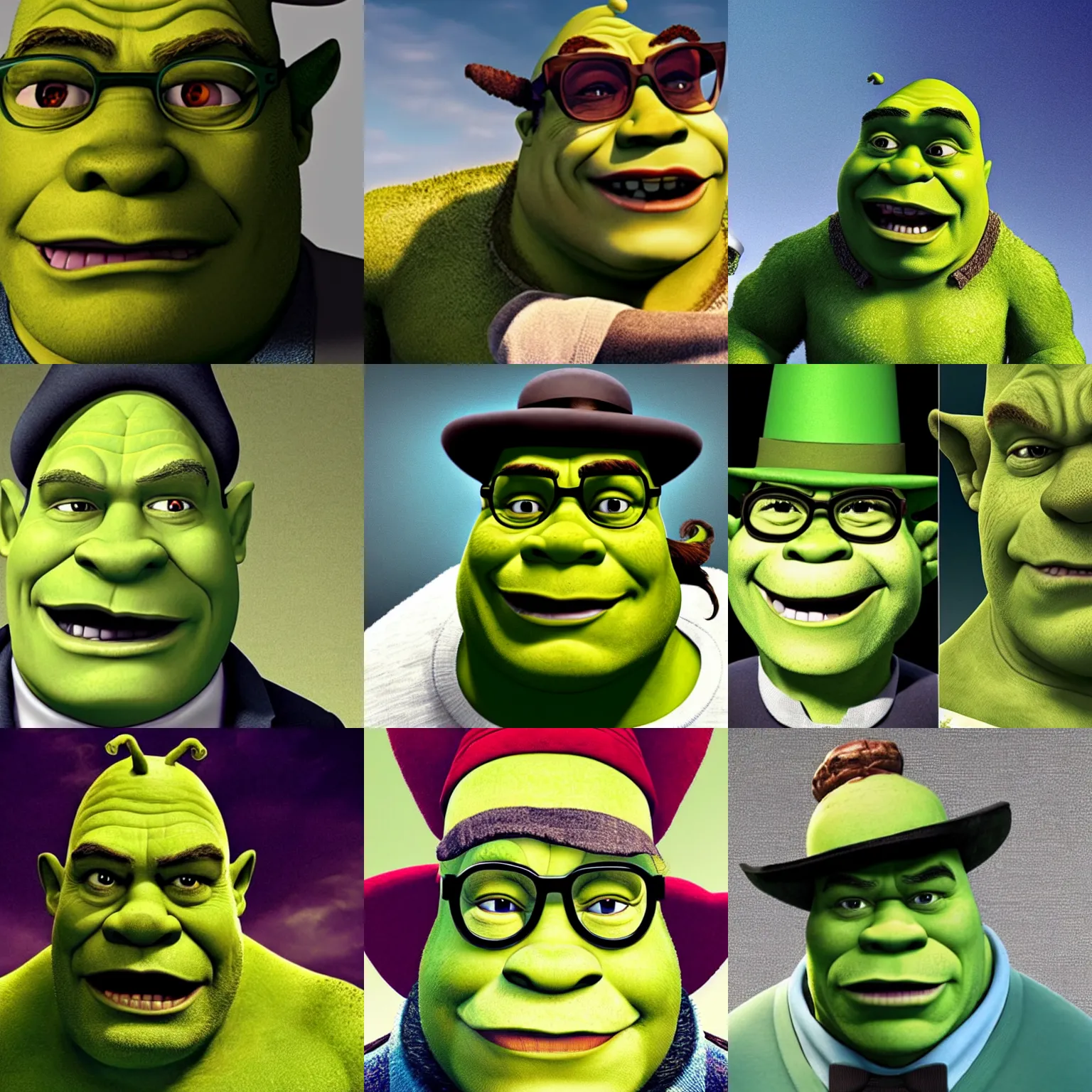 Prompt: shrek ogre that looks like bryan cranston as walter white with goatee, wearing bowler hat and sunglasses