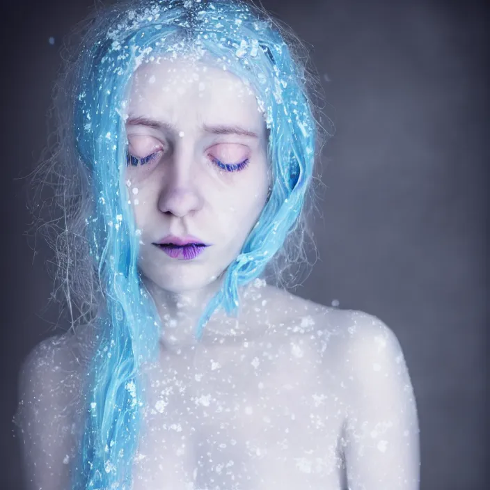 Prompt: a sickly looking young woman dying of hypothermia, with very white skin and pale blue hair wearing a long white summer dress made out of snowflakes in the middle of a heavy snowstorm. pale light blue lips. full body digital portrait by maromi sagi