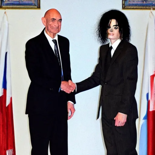 Image similar to pim fortuyn and michael jackson shaking hands, on a podium, in front of the queen