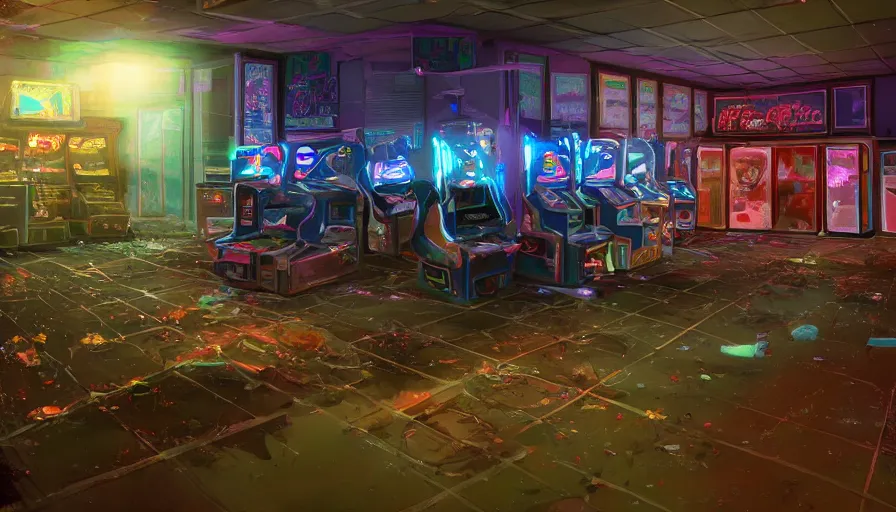 Image similar to abandoned 9 0's arcade room, cobwebs, dust, particles, dusty, arcade machines, hyperdetailed, artstation, cgsociety, 8 k