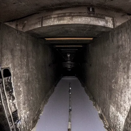 Image similar to the interior of a partially flooded missile silo, dark, scary lighting, scary, creepy, eerie, horror, submechanophobia, submerged machinery, photo,