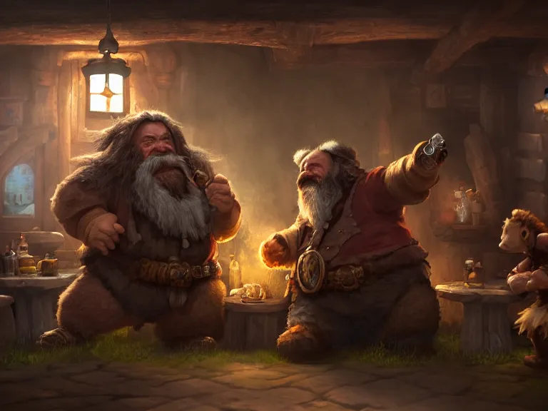 Image similar to Drunk Dwarf and his Bear start a fight at the Tavern, RPG Portrait, Oil Painting, Trending on Artstation, octane render, Insanely Detailed, 8k, HD