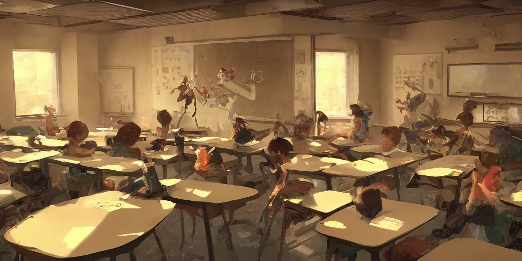 Prompt: A classroom full of students frogs, artwork by Craig Mullins, isometric camera, detailed, trending on artstation