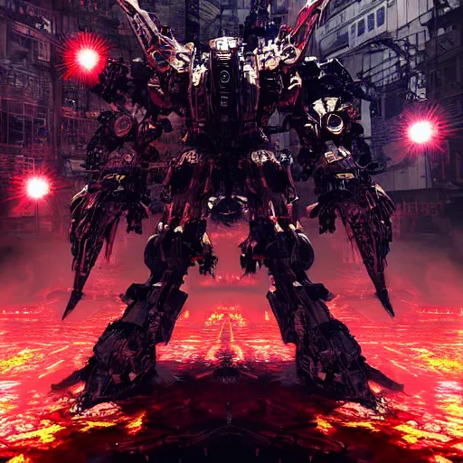 Image similar to demon mecha satanic hyperviolent siconolfi inward unreal engine 5 volumetric lighting beautiful photography psychedelic horror art destruction of city fire death satanic hyperviolent hypergore hyperdetailed gruesome photo - realistic by yoji shinkawa apophasis victo ngai godmachine vektro 3 d blender model incredible coherence coherent