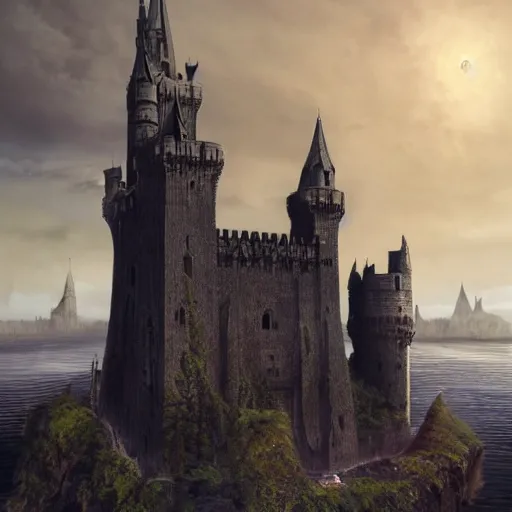 Prompt: a lonely and impossibly tall ominous gothic dark citadel tower of the evil patriarch, battlements, castle wall, portcullis, on a plateau island in a river elevated high above the city, flintlock fantasy capital city, scary gothic architecture, ultrawide lense, aerial photography, unreal engine, exquisite detail, 8 k, art by greg rutkowski and alphonse mucha